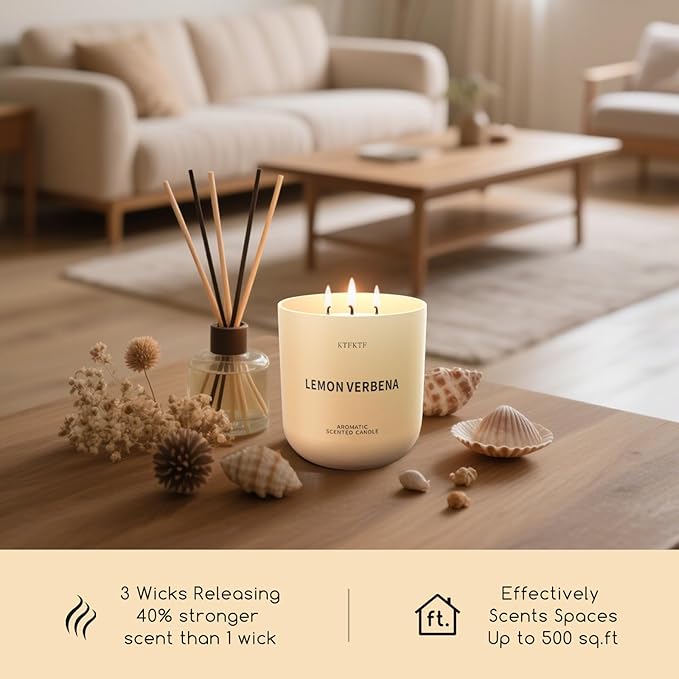 Lemon Verbena Scented Candle for Home, 14.2oz 80H Long Lasting Aromatherapy Candles for Energy & Focus, Non-Toxic Essential Oil & Soy Wax | Citrus & Herbal Freshness