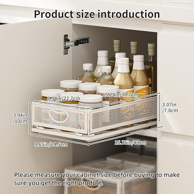 2 Pack Pull Out Cabinet Organizer, No Drill Adhesive Sliding Drawers for Kitchen, Metal Mesh Wire Storage Shelf for Pantry & Under Sink, White (9.6" W x 15.7" D x 3.9" H)