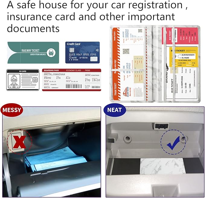 Car Registration and Insurance Card Holder - Leather Vehicle Glove Box Automobile Documents Paperwork Wallet Case Organizer for ID, Driver's License, Key Contact Information Cards - Men&Women