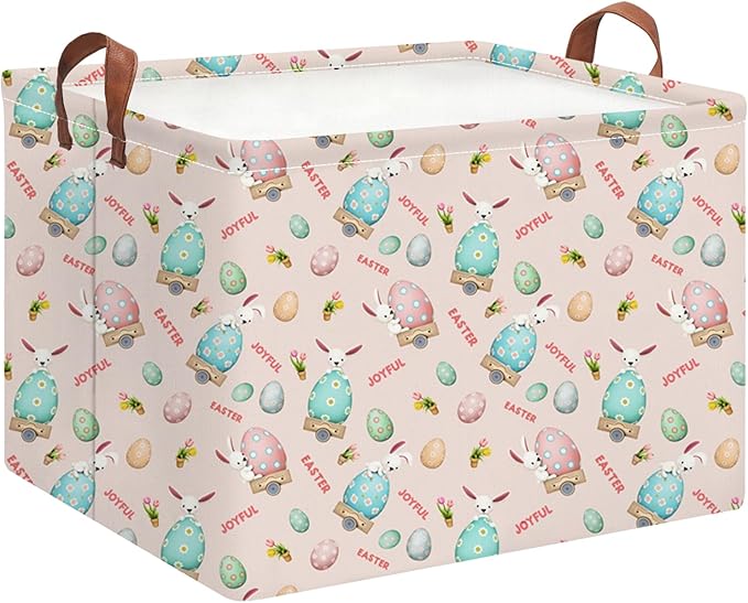 Rectangle Pink Rabbit Easter Basket with Handles,Collapsible Kids Toys Bin,Cute Baby Storage Basket,Books Box,Gift Basket(Pink Rabbit Easter Basket)