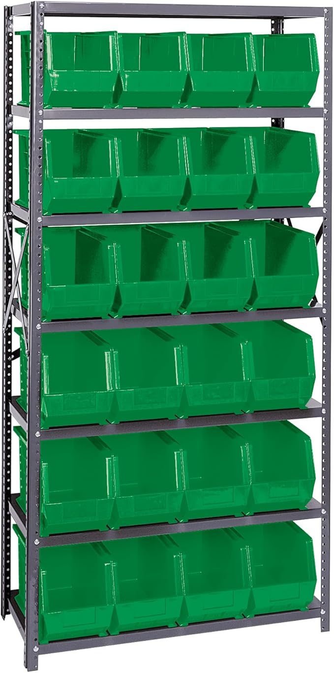 Quantum Storage Systems QSBU-265GN Giant Open Hopper Steel Shelving System, 18" D x 36" W x 75" H, with 7 Shelves and 24 QUS265 Bins, Green