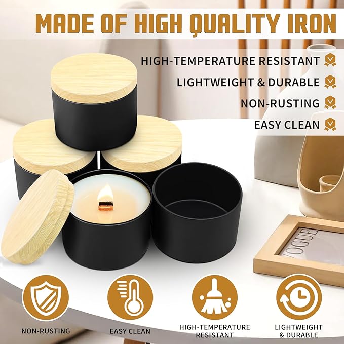 12-Pack Candle Jars, 8oz Candle Tins with Metal Wood-Grain Printing Lids, Empty Metal Candle Jars for Making Candles Bulk Candle Containers -Black