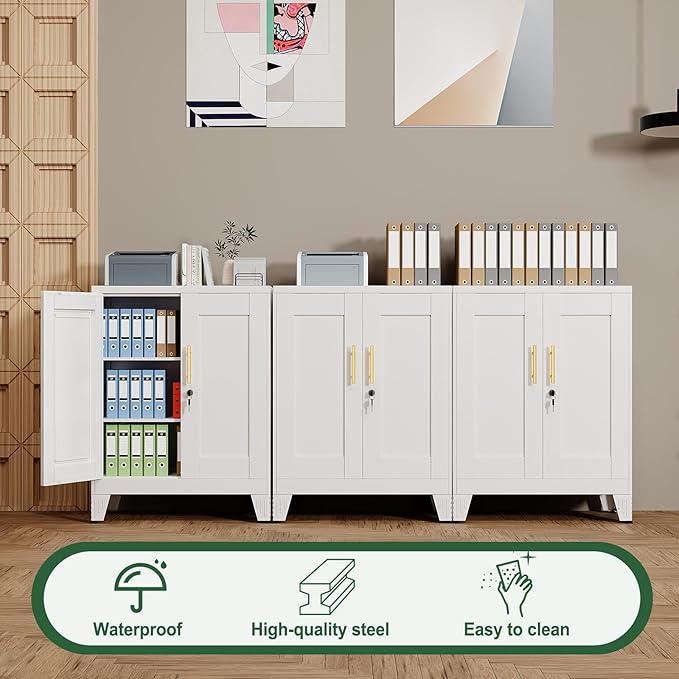 White Metal Storage Cabinet, 36" Tall Locking Storage Cabinet with 2 Adjustable Shelves, Steel Locker Organizer, for Office, Home, School