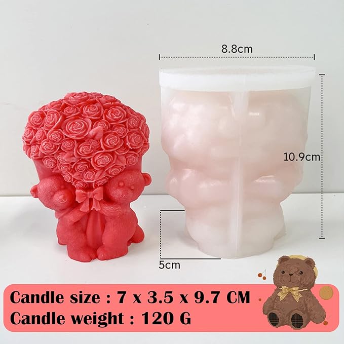 ZAKVOOR Rose Bear Shape Candle Mold Valentine's Day Resin Casting Silicone Mold for DIY Aromatherapy Candles Wax Plaster Polymer Clay Decoration