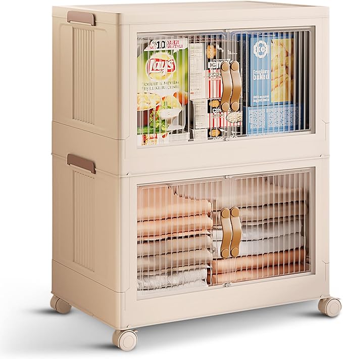STORAGEBUD 2 Tier Large Stackable Storage Bins with Lids Open Front & 360° Wheels 84.5 QT - Collapsible Storage Bins Home Office Closet Storage Organization, Foldable Clothes Storage Cabinet, 21 GAL