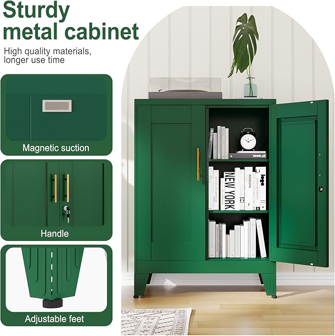 Green Metal Storage Cabinet, 36" Tall Locking Storage Cabinet with 2 Adjustable Shelves, Steel Locker Organizer, for Office, Home, School, 11.81" D x 23.62" W x 35.83" H