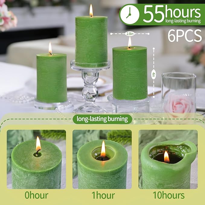 6 Pack Moss Green Soy Pillar Candles,Natural Soybean Pillar Candles,330 H Long Lasting Burning-Unscented,Dripless and Smokeless Rustic Hand-Poured Candles Dinner Table,for Wedding,2.8x4in
