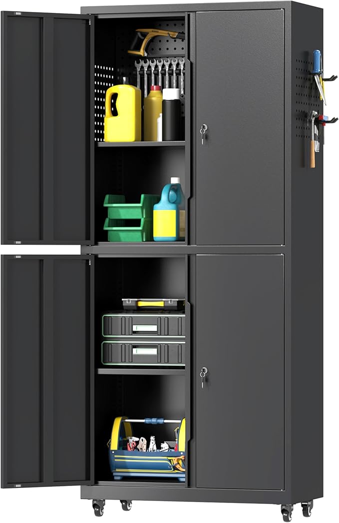 71" H Metal Tool Storage Cabinet with Lock and Wheels, Heavy Duty Garage Cabinet with 4 Doors and 2 Adjustable Shelves, Tool Organizer with Pegboard for Garage, Warehouse(Black, 71" H)
