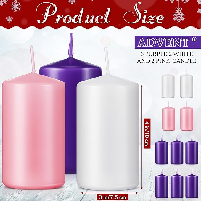 Amylove 10 Pcs 3 x 4 Inch Advent Pillar Candles Set Pink Purple Christmas Unscented Lasting Burning Church Candles for Advent Wreath Holiday Gifting