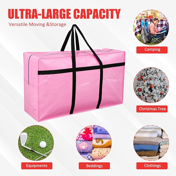 Windyun 4 Pack 57 Gallon Extra Large Moving Bags XXL Heavy Duty Storage Bag with Strong Zipper Handle Jumbo Big Tote Box Foldable for College Dorm Travel Clothes Duffle Blanket Pillow(Pink)
