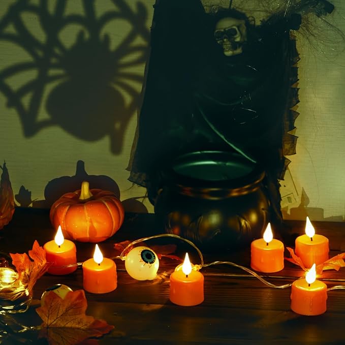 Daord 6 pcs Halloween Orange LED Tea Light Candles Rechargeable Flickering Flameless Pumpkins Lantern Tealights with Remote for Fall Thanksgiving Christmas Decor (Orange)