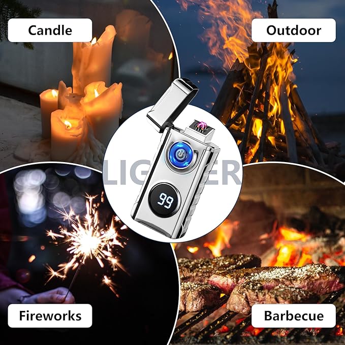 SKRFIRE Plasma Rechargeable Electric Lighter for Candle - Arc Type C Electronic Torch, Windproof Portable Metal With LED Power Display for Camping, Hiking, BBQ (Silvery)