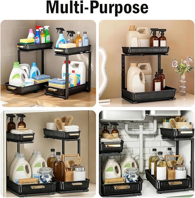 Under Sink Organizer - 2 Packs Multi-Purpose Pull-Out Storage Organizers, Slide out Pull out Cabinet Organizer Shelf, Storage for Kitchen Bathroom, Black