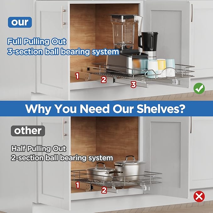 ROOMTEC Pull Out Cabinet Organizer - 11" W x 21" D, Slide Out Storage Shelves, Fits 12.5" Opening