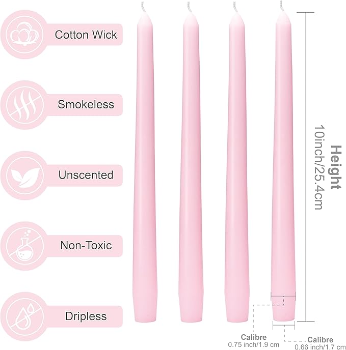 Pink Taper Candles 10-Inch - Pink Candlesticks 12 Pack Dripless Tapered Candle Unscented Tall Smokeless 8 Hours Long Burning Candle Sticks Paraffin Wax for Weddings Valentine’s Day Dinner