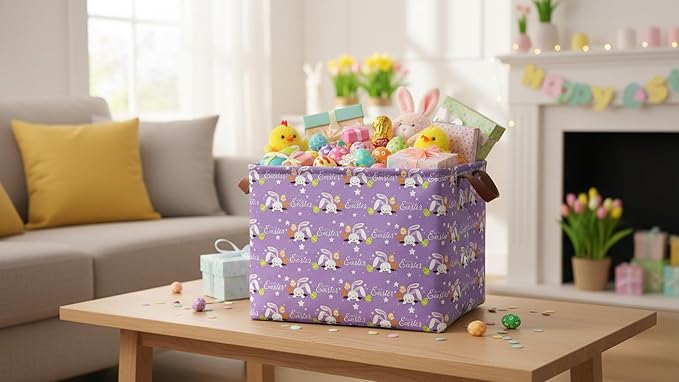 Rectangle Storage Basket with Handles,Collapsible Storage Bin,Books Box,Gift Basket(Purple Easter)