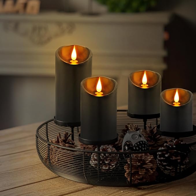 ALED LIGHT Black Real Wax Rechargeable Candles Flickering Realistic,Flameless Candles Rechargeable with Remote for Home Decor Idea Gift，Pack 3(D 3”X H 4”5”6”)