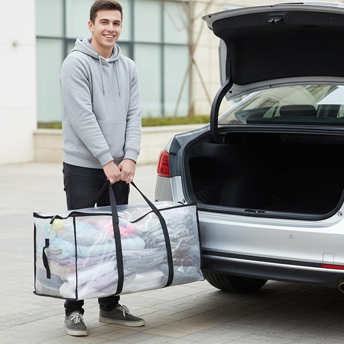 2-Packs Extra Large Heavy Duty Moving Bags, Waterproof Storage Totes with Handles & Zippers Storage Bags Totes for Clothes Packing, Dorms, College Supplies, Space Saving, Clear