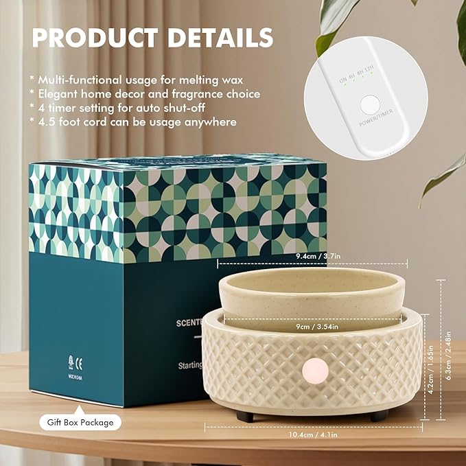 Wax Melt Burner Warmer with Timer Ceramic 4-in-1 Electric Candle Warmer Auto Shut-Off for Scented Wax Melts, Candle Jars, Essential Oil, Coffee Cup Warmer Home Decor Fragrance Gifts for Women - Beige
