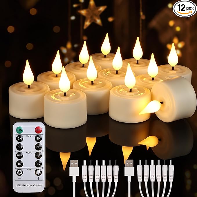Daord Rechargeable Tea Lights with Remote Control & Timer Flickering Flameless 3D Wicks Tealight Candle Candles with Charging Cable for Home,Halloween,Christmas Decor (12pcs,Warm White(A))