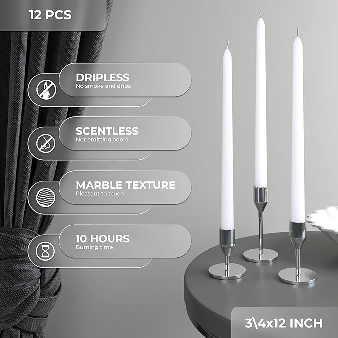 CANDWAX 12 inch White Taper Candles - Set of 12 Candle Sticks Ideal for Christmas Decorations - Dripless Smokeless Long Burning Unscented White Candlesticks - Tapered Christmas Candles for Home Decor