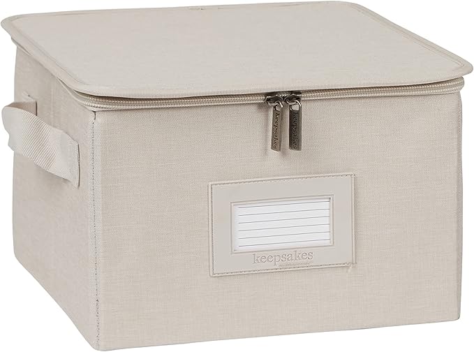 Covermates Dish Storage Box – China & Dinner Plate Storage Container with Dual Zippers, Reinforced Handles, ID Window & Stackable Structured Walls for Dishware Organization, Beige Heather