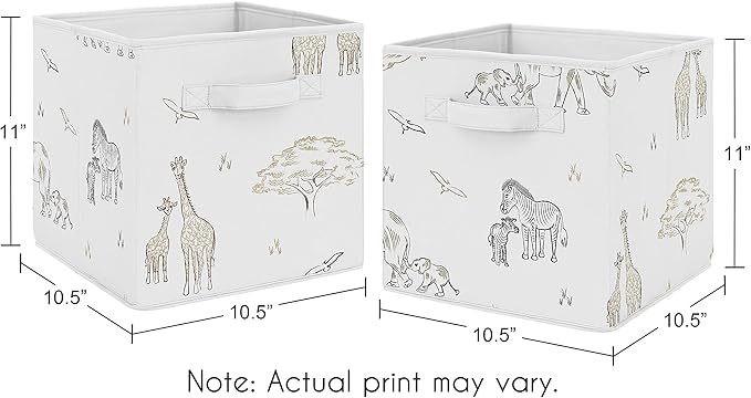 Sweet Jojo Designs Jungle Safari Animals Foldable Fabric Storage Cube Bins Boxes Organizer Toys Baby Taupe Black and White Gender Neutral Elephant Giraffe Wildlife Adventure Zebra Serengeti - Set of 2