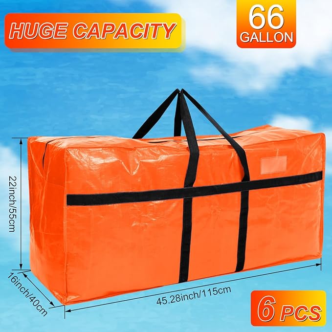 6 Pcs 66 Gallon Extra Large Moving Bags Heavy Duty Storage Bag with Strong Zipper Handle Foldable XXL Jumbo Storage Tote Packing Moving Box for College Dorm Travel Cloth Duffle (Orange)