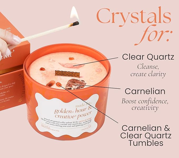 Orange Crystal Candle for Women – 12oz Large Luxury Soy Wax with Crackling Wood Wick, Slow Burn Meditation with Healing Crystals, Birthday or Mother’s Day Gift