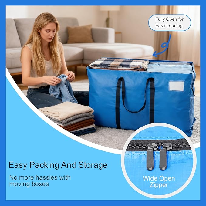 2 Pack Heavy Duty Moving Bags with Backpack Straps & Handles, Large Storage Bags with Zipper for Clothes, College Moving Supplies and Dorm Essentials (33 Gal, Blue)