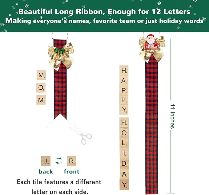Christmas Ornaments Tree Decorations Personalized Crafts for Adults Kit DIY Ribbon Letter Tiles Bells Rustic Stockings Name Tags Hanging Xmas Decor for Gifts Wreath Holiday(Plaid)
