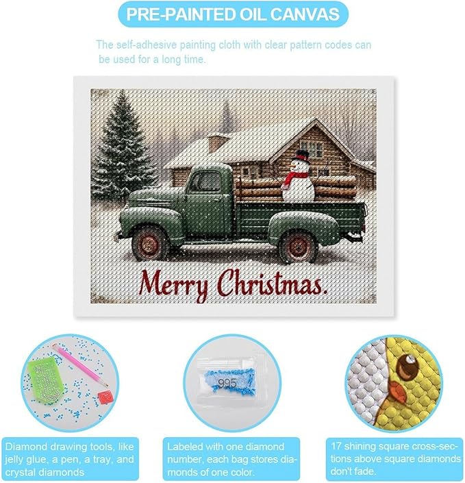 AIVKIEJK Diamond Painting Kits for Adults - Christmas Truck with Snowman & Cabin Winter Painting DIY 5D Full Drill Diamond Dots Paintings with Diamonds Gem Art and Crafts Home Decor 12"x16"