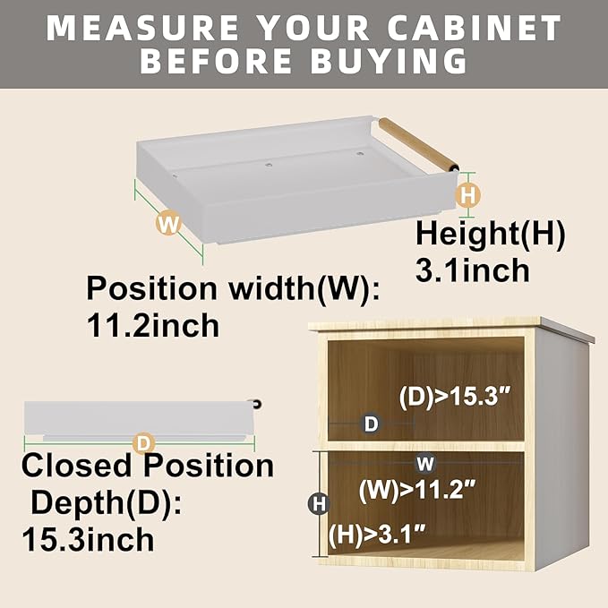Pull Out Cabinet Organizer, 15.3'' Deep Expandable Slide Out Cabinet Organizer Fixed with Adhesive Nano Film, Slide Out Drawers Pull Out Tray for Cabinet in Kitchen, Pantry, Bathroom, White