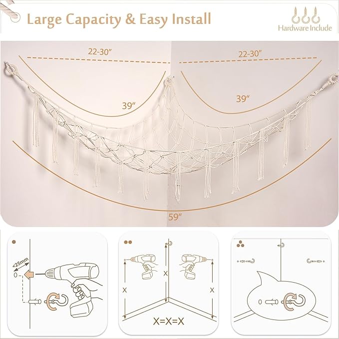 YKBU Stuffed Animals Hammock Corner Hanging Net Macrame Stuffed Animal Storage Plush Toy Holder Toy Organizer for Boho Nursery Playroom Bedroom Kids Room (cream, Large)