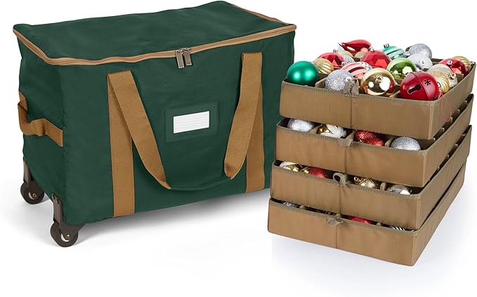 Covermates Keepsakes Rolling Adjustable Ornament Storage Bag – Heavy-Duty Polyester, FlexGrid Trays & Padded Dividers – Protective Holiday Organizer with Wheels, Handles & ID Window, Green