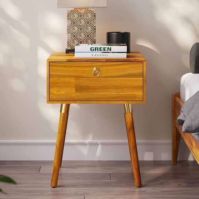 Bme Alden Solid Wood Nightstand/Side Table/End Table, Fully Assembled, with 1-Drawer for Mid Century Bedroom and Living Room, (12mm), Caramel