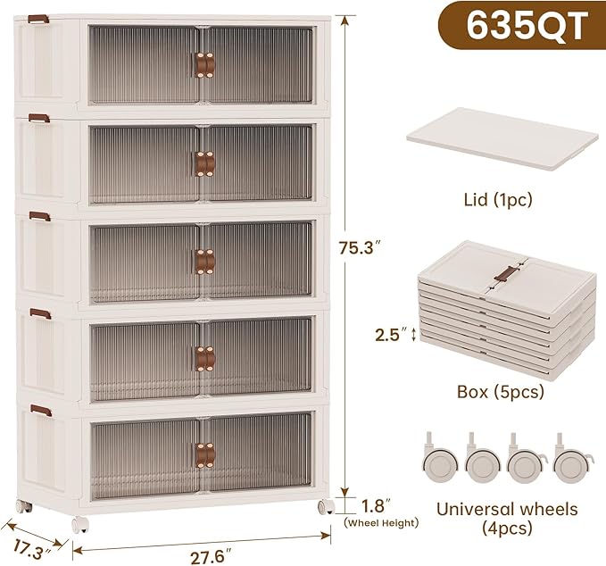 SAILUN 158Gal/635Qt Extra Large Stackable Storage Bins Folding Collapsible Storage Bins with a Lid, Closet Organizers and Storage Blush White 28" W x 17" D x 75" H