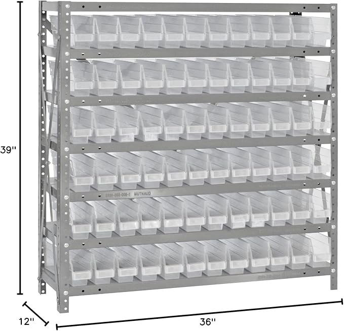 Quantum Storage Systems 1239-100CL Clear-View Sloped Shelving Unit with 4" Shelf Bins, 72 QSB100 Shelf Units, 12" D x 36" W x 39" H