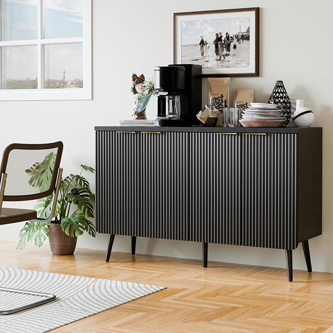 47.2" Sideboard Buffet Cabinet with Storage, Modern Fluted Accent Credenza with 4 Doors, Buffet Media Console Entryway Cabinets with Adjustable Shelves for Living Dining Room Hallway, Black