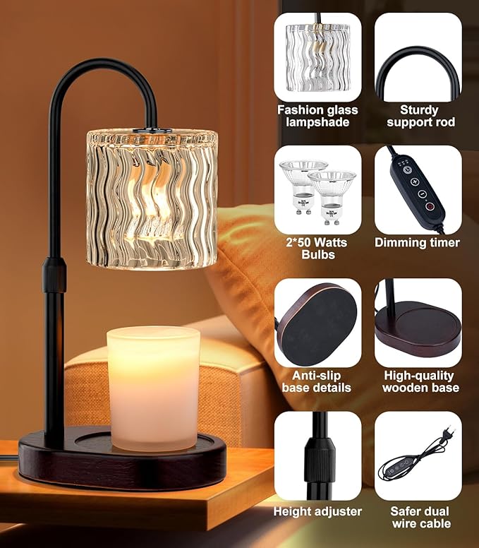 Candle Warmer Lamp Electric: Dimmable Timer Candles Warming Lamps - Height Adjustable Burner Jar - No Flame Scented Melts Wax - All Candle Jars Home Decor Table Light