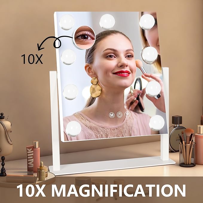 Ratsamee Hollywood Vanity Mirror with Lights, 9 Dimmable Bulbs, 3 Color Lights,Make Up Lighted Mirror, 10x Magnification 360°Rotation (12" x 14") White