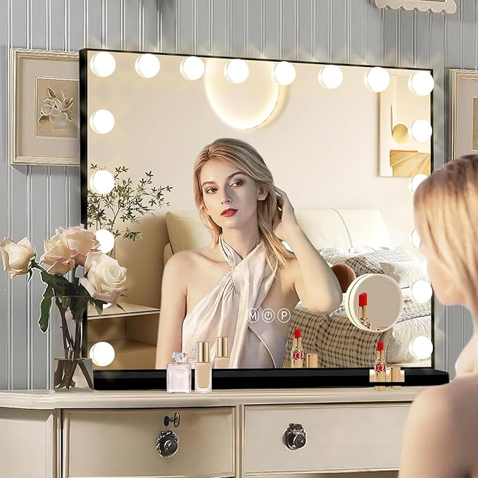 Ratsamee Black Hollywood Vanity Mirror with Lights, 18 Dimmable Bulbs, 3 Color Lights,Make Up Lighted Mirror, Aluminum Metal Frame, USB Charging Port（32" x 24"）