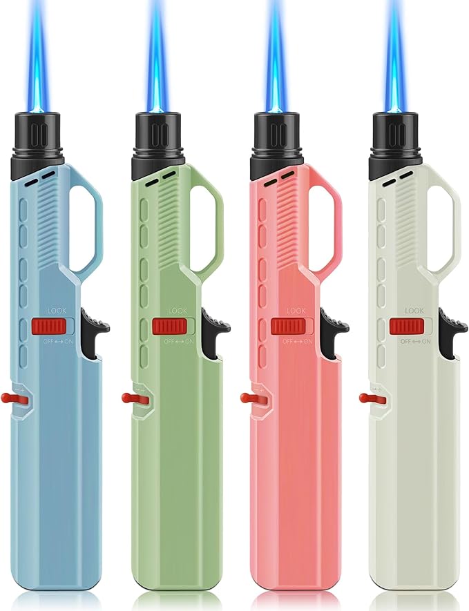 Samniu 4 Pack of Torch Lighter, Windproof Adjustable Jet Flame, with Safety Lock, Long Refillable Butane Torch Lighters for Grill, Camping, Candle, Stove (NO Gas)