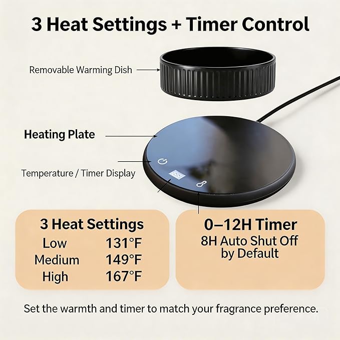 Wax Melt Warmer with Timer, 3-in-1 Candle Warmer, Electric Wax Melter for Scented Wax Cubes, Jar Candles & Essential Oils, 3 Temperature Settings, 8H Auto Shut Off, Black
