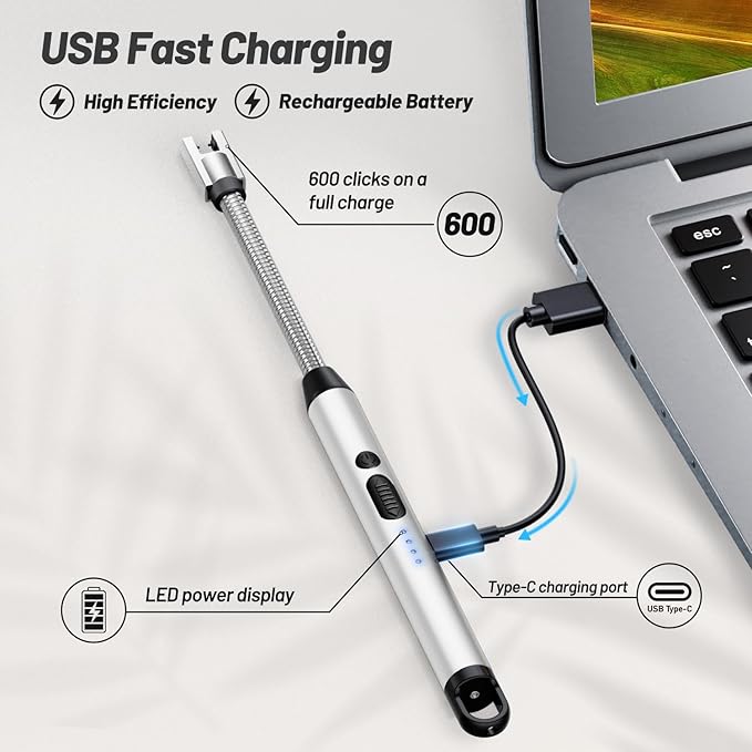 Electric Candle Lighter, Safty Lock, USB Type-C Port, Rechargeable Lighter, Windproof Flameless, Led Display, for Home Kitchen (Silver)