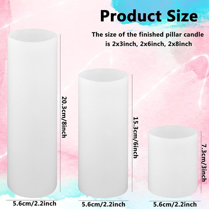 Large Cylinder Mold for Candle Making, 2x3Inch 2x6Inch 2x8Inch Cylinder Silicone Candle Mold, 3 Pcs Long Pillar Epoxy Resin Casting Mold for Wax Candle Resin Craft Making