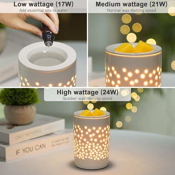 Wax Melts Candle Warmer Burner - Ceramic Electric Candle Waxing Warmer Melter Timer Adjust Fragrance Intensity Auto Shut Off for Scented Wax Tart Cube Aromatherapy Home Office Bedroom Decor Gifts