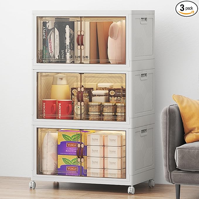 UAMFURI Stackable Storage Bins with Lids, 144QT Closet Organizers, Lockable Storage Cabinet, Foldable Storage Box with Doors and Wheels, Plastic Drawers for Home, Garage, Office (3, White, Medium)