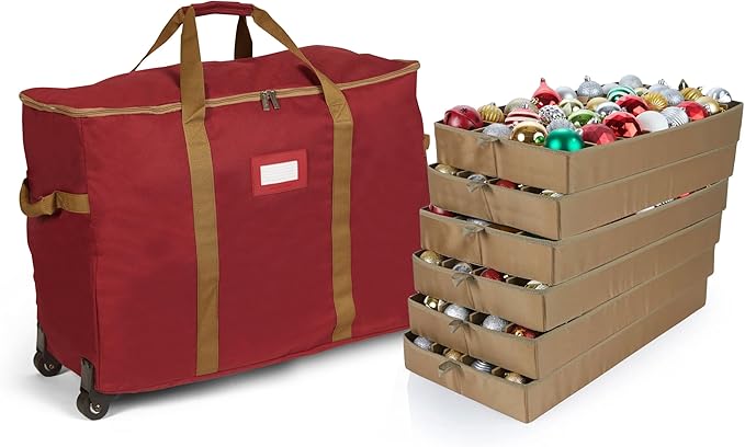 Covermates Keepsakes Rolling Adjustable Ornament Storage Bag – Heavy-Duty Polyester, FlexGrid Trays & Padded Dividers – Protective Holiday Organizer with Wheels, Handles & ID Window, Red