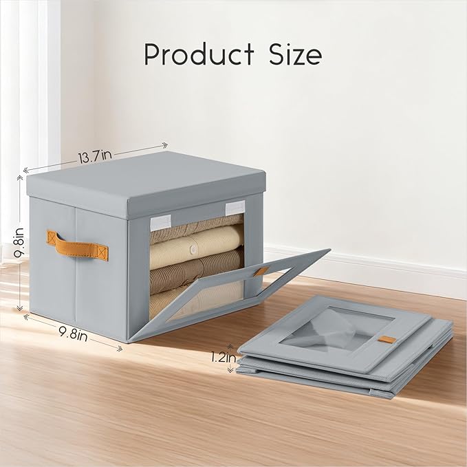 Small Fabric Storage bins - Collapsible Storage Bins with Open Window, 3 Pack Closet Baskets for Shelves, Stackable Decorative Boxes for Home, Dorm, Grey, 13.7"x 9.8" x 9.8"
